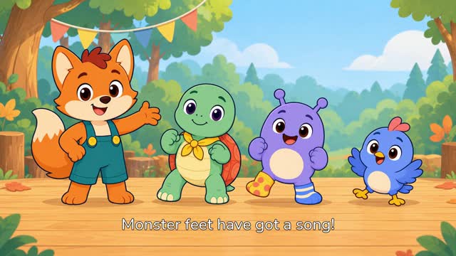 Tavi, Miri and Bibi dancing with a friendly purple monster