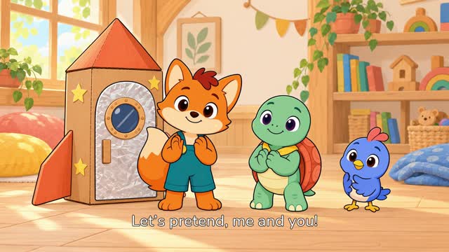 The three friends imagining an adventure in a cardboard rocket